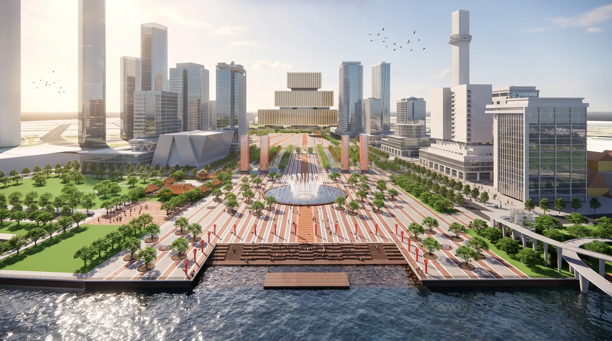Quảng trường Trung tâm của Thành phố – Quảng trường nhìn từ sông – bến nước, đài phun